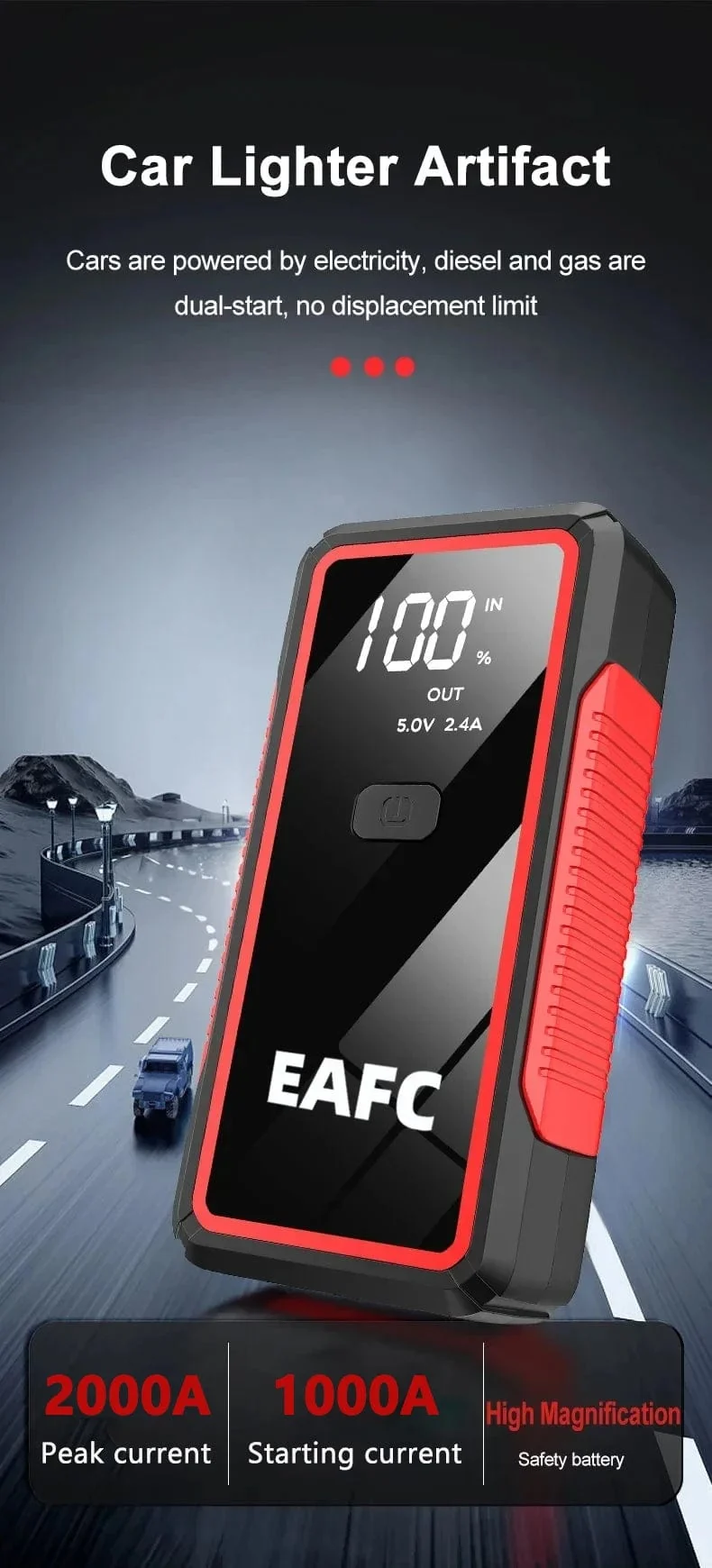 2000A Auto-Starthilfe, 1200A, 12V-Ausgang, tragbares Not-Start-Ladegerät für Autos, Booster-Batterie-Startgerät