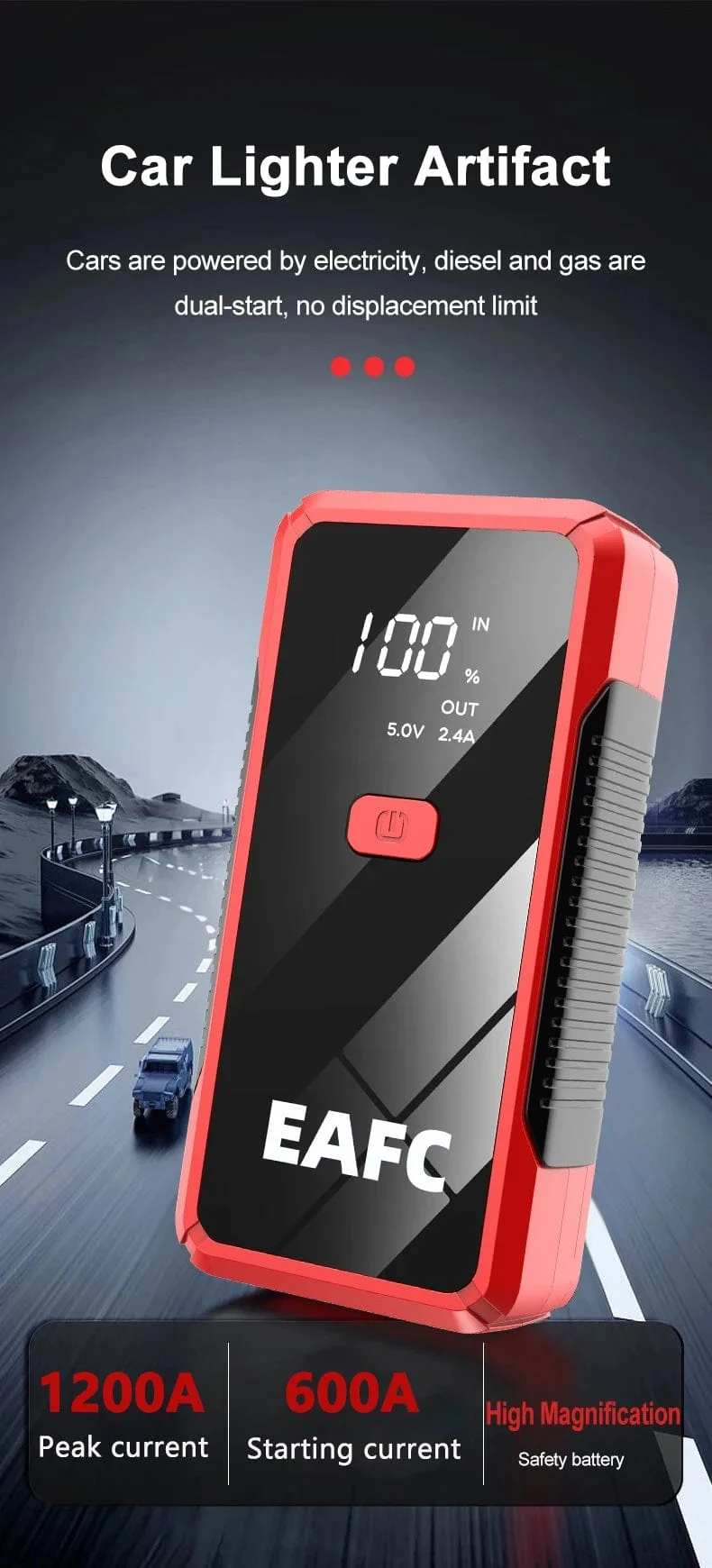 2000A Auto-Starthilfe, 1200A, 12V-Ausgang, tragbares Not-Start-Ladegerät für Autos, Booster-Batterie-Startgerät
