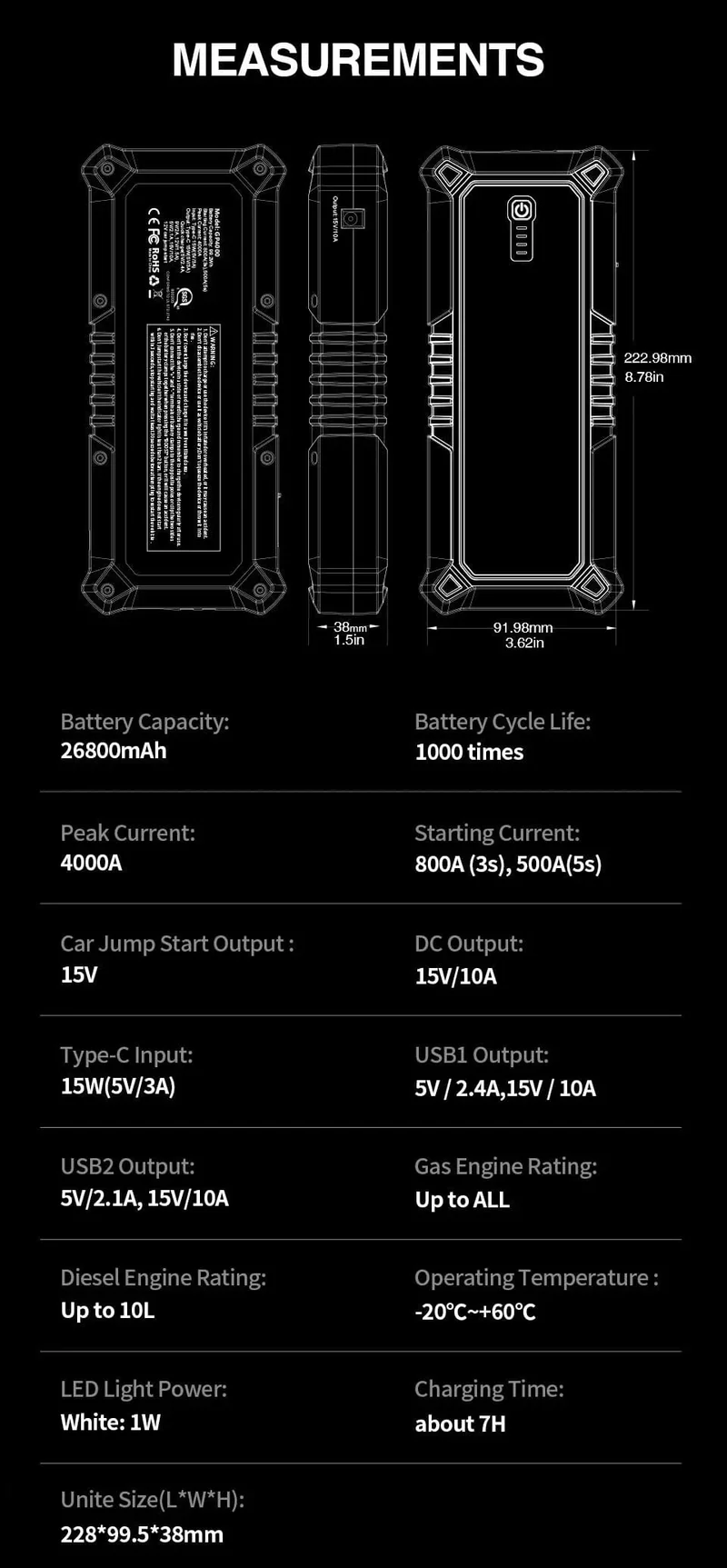 GOOLOO 26800mAh Starthilfe Auto Booster Externe Batterie 4000A Start Power Bank 12V Start Gerät für Benzin Diesel Notfall