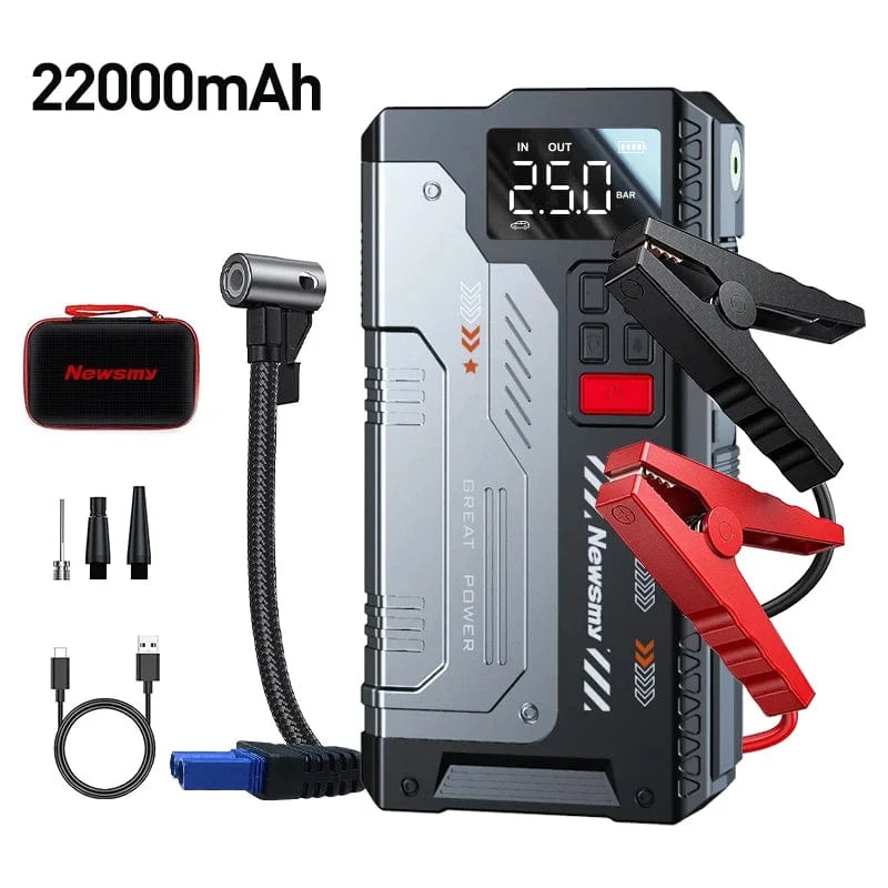 Newsmy 5-in-1-Auto-Starthilfe mit Luftkompressor, 20000 mAh, tragbares Booster-Ladegerät, 2000 A, Auto-Luftpumpe, Batterie-Startgerät