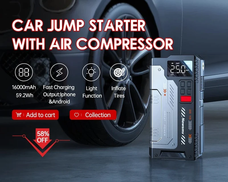 Newsmy 5-in-1-Auto-Starthilfe mit Luftkompressor, 20000 mAh, tragbares Booster-Ladegerät, 2000 A, Auto-Luftpumpe, Batterie-Startgerät