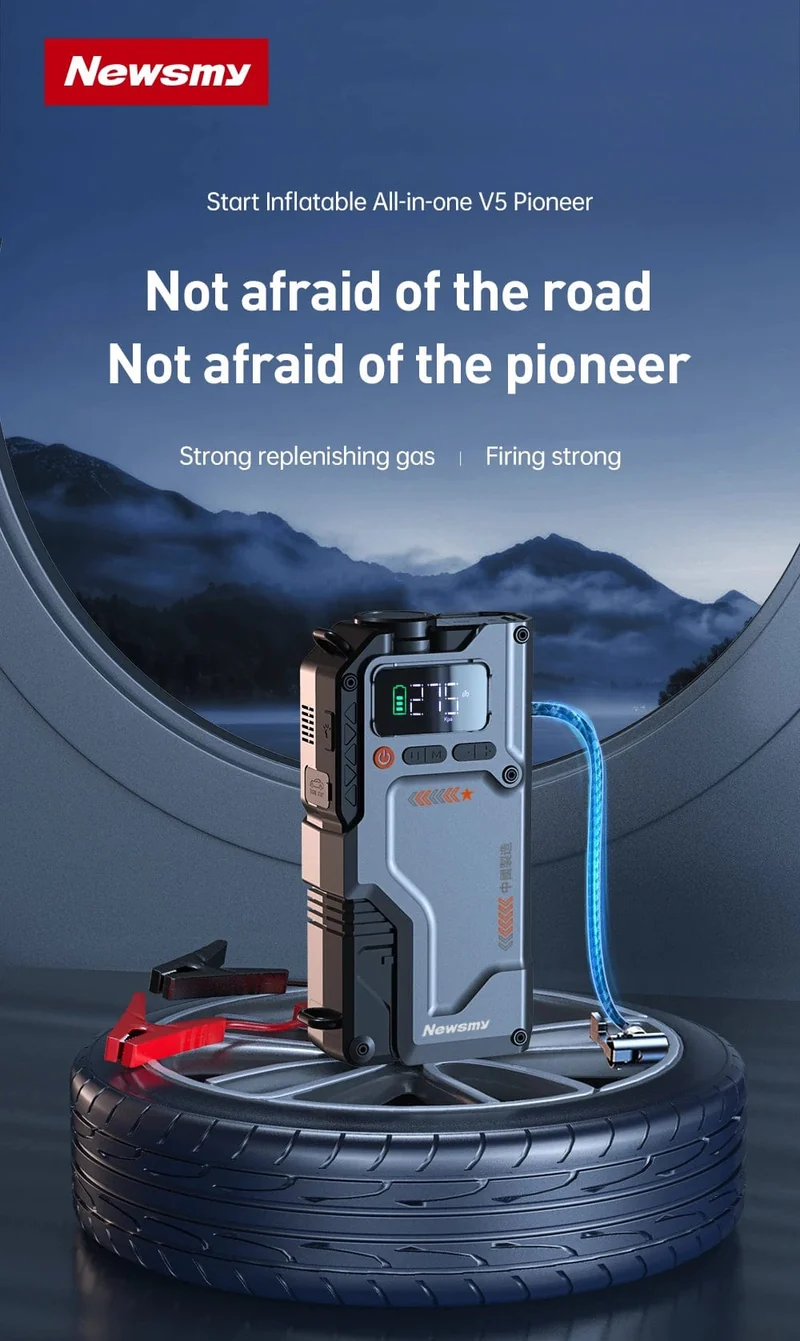 Newsmy 5-in-1-Auto-Starthilfe mit Luftkompressor, 20000 mAh, tragbares Booster-Ladegerät, 2000 A, Auto-Luftpumpe, Batterie-Startgerät