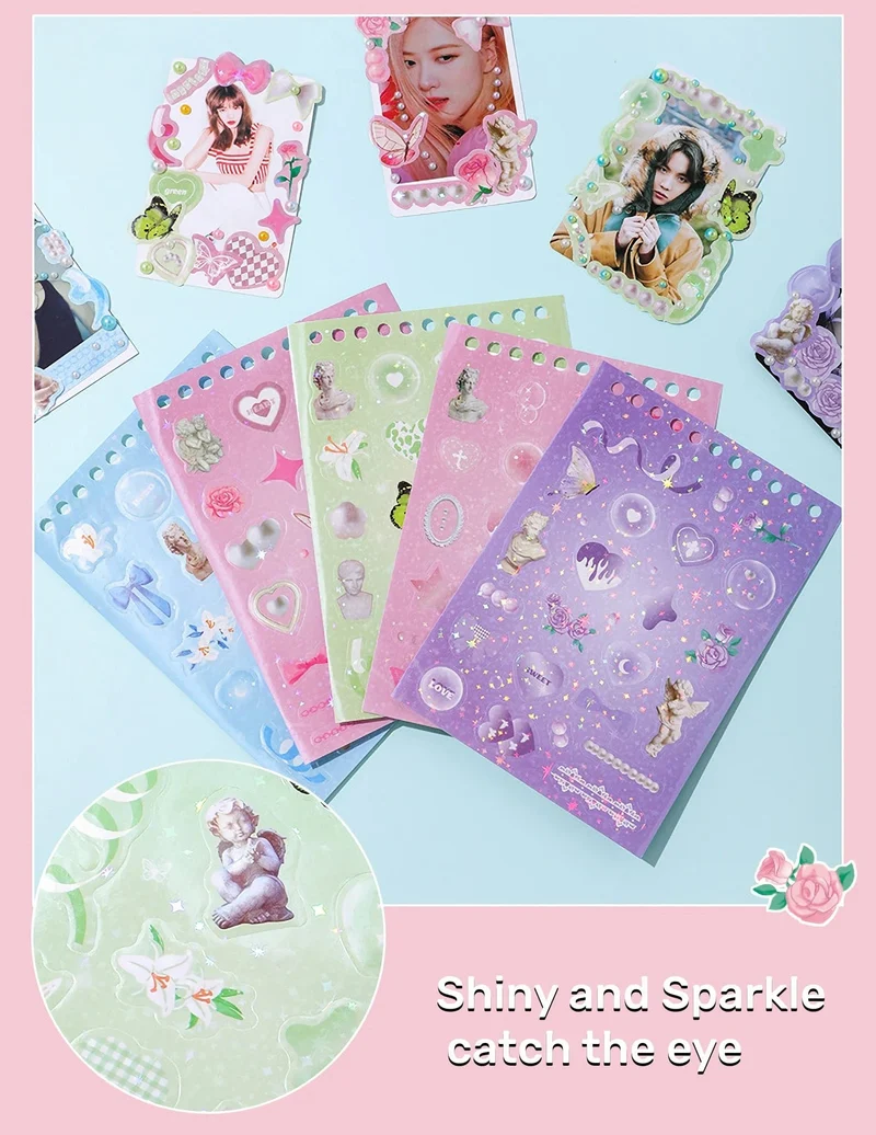 30 Blatt Premium Hologramm Stickerbuch im koreanischen Stil, glänzend, süß, für Scrapbooking, Journaling, Fotokarten, Dekoration, Toploader-Deko