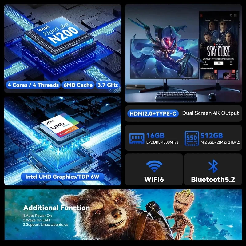 MOREFINE M6 Mini-PC 12. Generation Intel N100/N200 Windows 11Pro DDR5 2933 MHz NVMe SSD Taschencomputer PC HDMI2.0 4K@60Hz WiFi 6 BT5.2