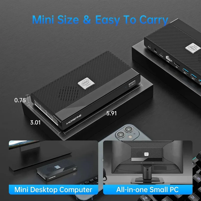 MOREFINE M6 Mini-PC 12. Generation Intel N100/N200 Windows 11Pro DDR5 2933 MHz NVMe SSD Taschencomputer PC HDMI2.0 4K@60Hz WiFi 6 BT5.2