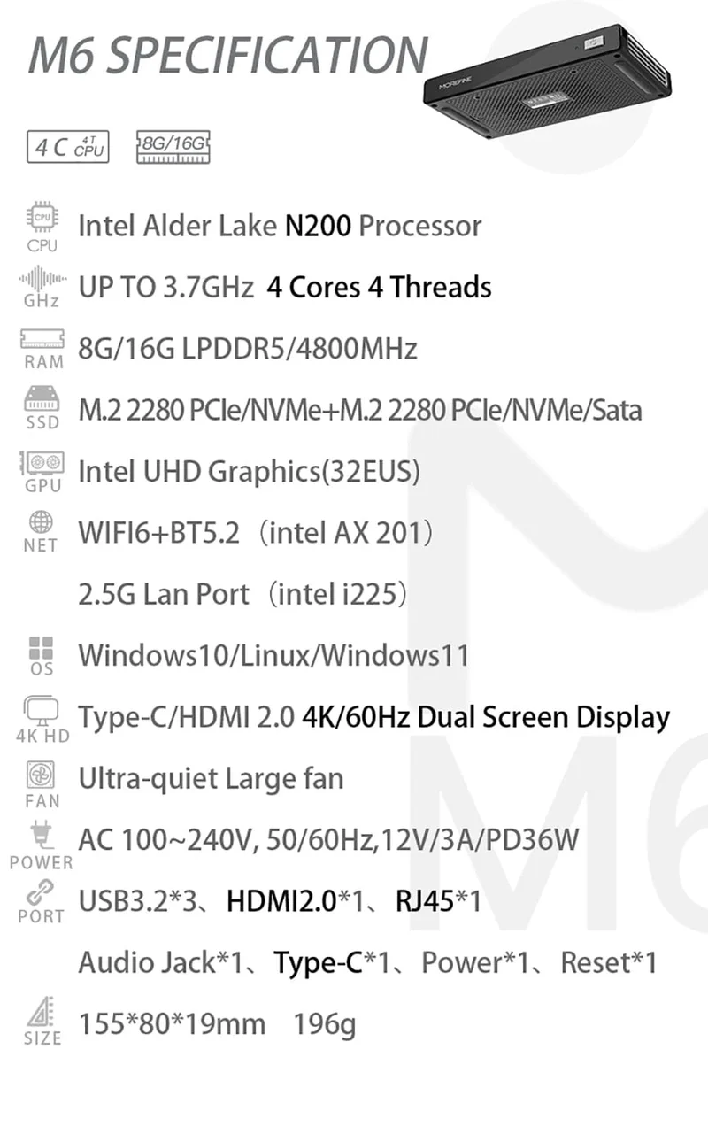 MOREFINE M6 Mini-PC 12. Generation Intel N100/N200 Windows 11Pro DDR5 2933 MHz NVMe SSD Taschencomputer PC HDMI2.0 4K@60Hz WiFi 6 BT5.2