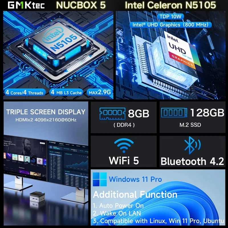 GMKtec KB5 Mini-PC Intel Celeron N5105 Windows 11 Pro 4K Mini-PC DDR4 8 GB RAM 128 GB ROM WiFi5 BT4.2 Desktop-Computer Arbeit