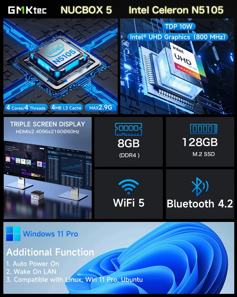 GMKtec KB5 Mini-PC Intel Celeron N5105 Windows 11 Pro 4K Mini-PC DDR4 8 GB RAM 128 GB ROM WiFi5 BT4.2 Desktop-Computer Arbeit