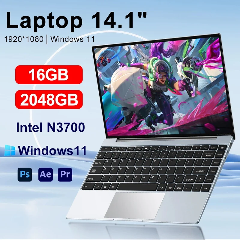 Ultraflacher Laptop 14.1 Zoll, 16 GB RAM, 2 TB SSD, Intel N3700, Notebook, Gamer, 1920 x 1080 Display, Büro-Computer, PC, Windows 11 Pro