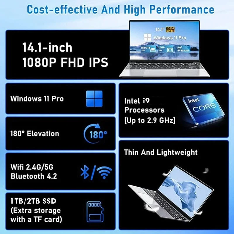 14.1-Zoll-Laptop-Computer Windows 11 Intel Core i9 8950HK 16 GB DDR4 1 TB 2 TB SSD Laptops Büro Arbeitszimmer Gaming Notebook PC Computer