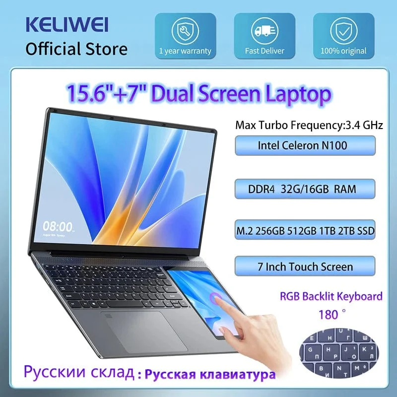 15.6"+7" Dual-Screen-Laptop Intel Celeron N100 32GB 16GB DDR4 RGB-Tastatur mit Hintergrundbeleuchtung Computer Notebook Laptops Touchscreen