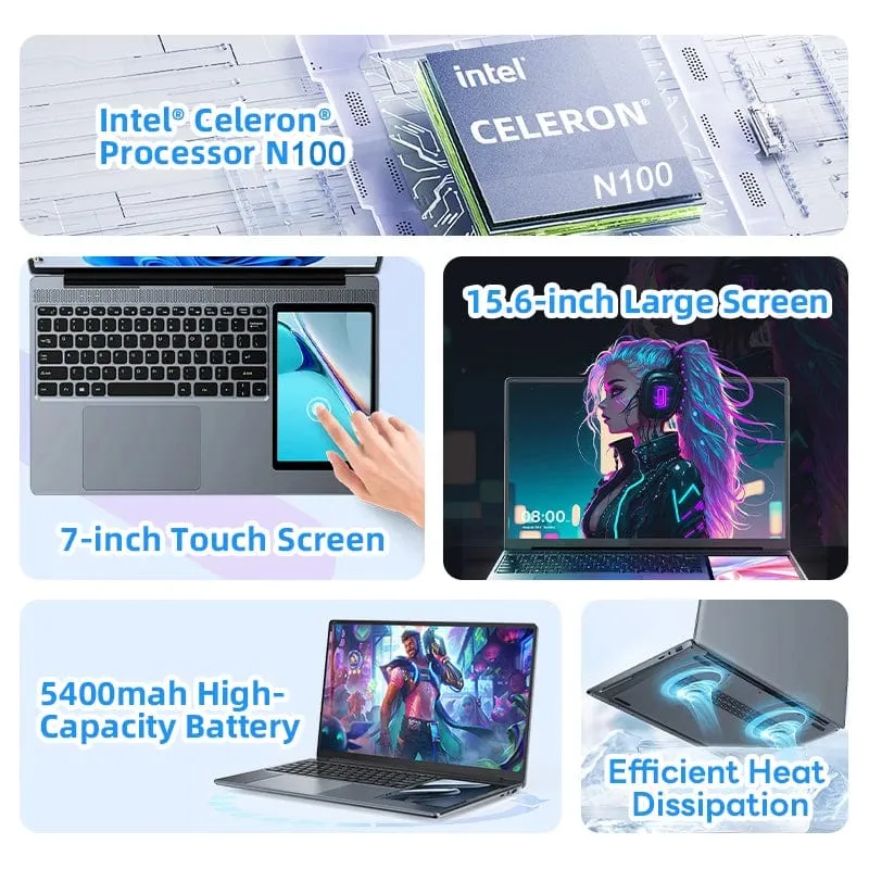 15.6"+7" Dual-Screen-Laptop Intel Celeron N100 32GB 16GB DDR4 RGB-Tastatur mit Hintergrundbeleuchtung Computer Notebook Laptops Touchscreen