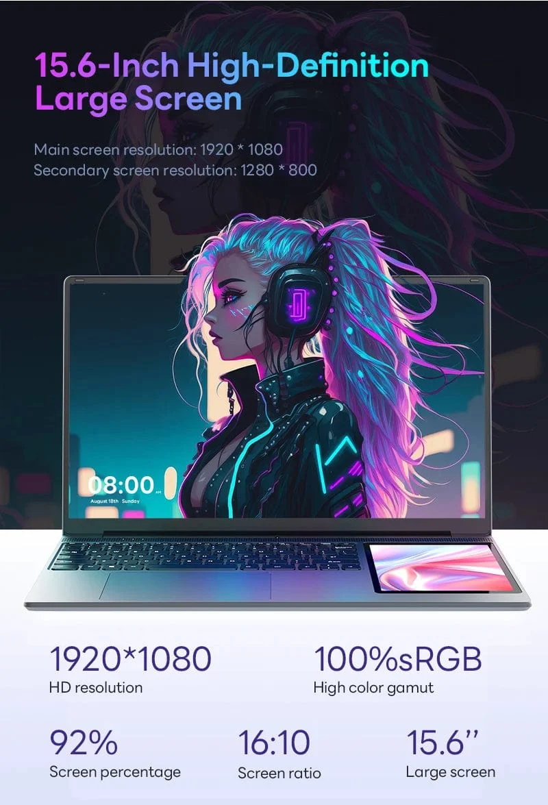 15.6"+7" Dual-Screen-Laptop Intel Celeron N100 32GB 16GB DDR4 RGB-Tastatur mit Hintergrundbeleuchtung Computer Notebook Laptops Touchscreen