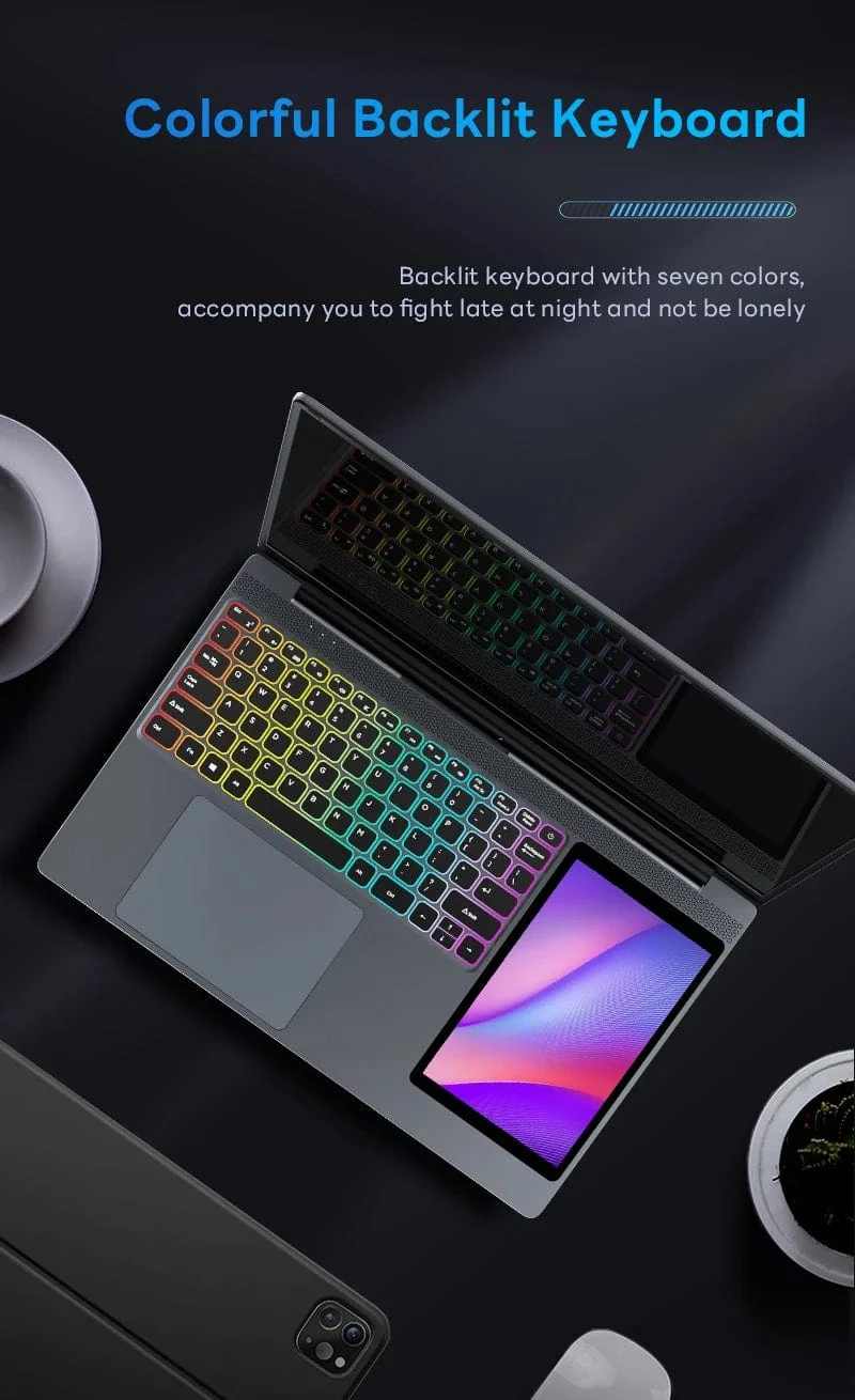 15.6"+7" Dual-Screen-Laptop Intel Celeron N100 32GB 16GB DDR4 RGB-Tastatur mit Hintergrundbeleuchtung Computer Notebook Laptops Touchscreen