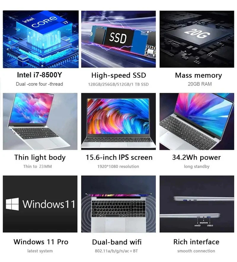 Fingerprint UnIock Notebook Windows 11 Pro 15.6 zoll Laptop Computer PC Gamer Intel Core i7 8500Y Büro Studie Gaming Laptops i7