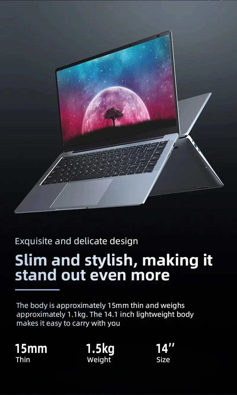 2024 Neuer Laptop-Computer Windows 11 Pro Ultra Slim Notebook 14.1 Zoll Intel Pentium N3700 16GB 1024GB Büro-Studien-PC-Computer