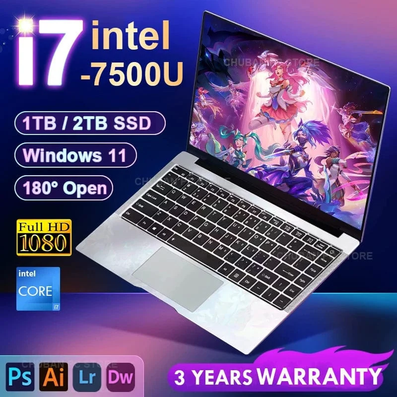 14.1 Zoll tragbarer i7-Laptop-Computer Intel Core i7 7500U 12 GB DDR4 1 TB 2 TB SSD Windows 11 Laptops PC Gamer Büro Arbeitszimmer Notebook