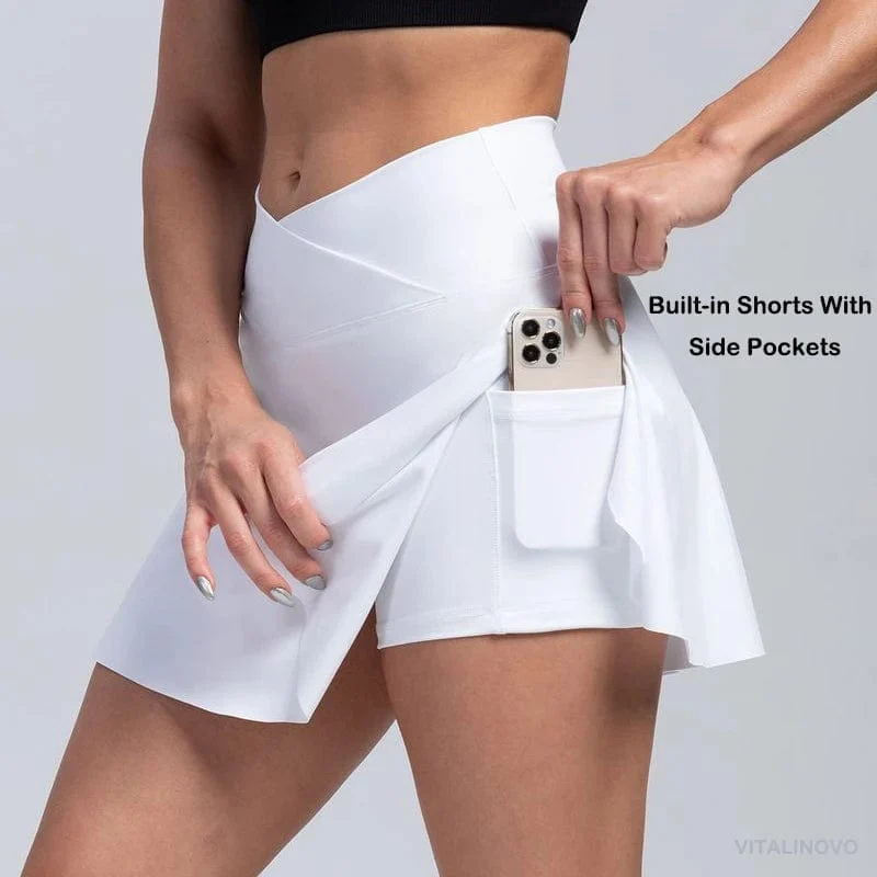 VITALINOVO Damen-Tennisröcke mit hoher Taille und Crossover-Design, Bauchkontrolle, Plissierte Golf-Skorts, Röcke für Damen mit Shorts-Taschen