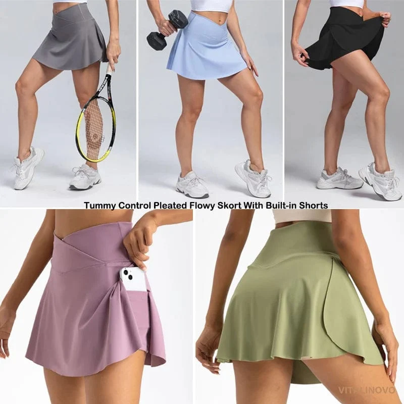 VITALINOVO Damen-Tennisröcke mit hoher Taille und Crossover-Design, Bauchkontrolle, Plissierte Golf-Skorts, Röcke für Damen mit Shorts-Taschen
