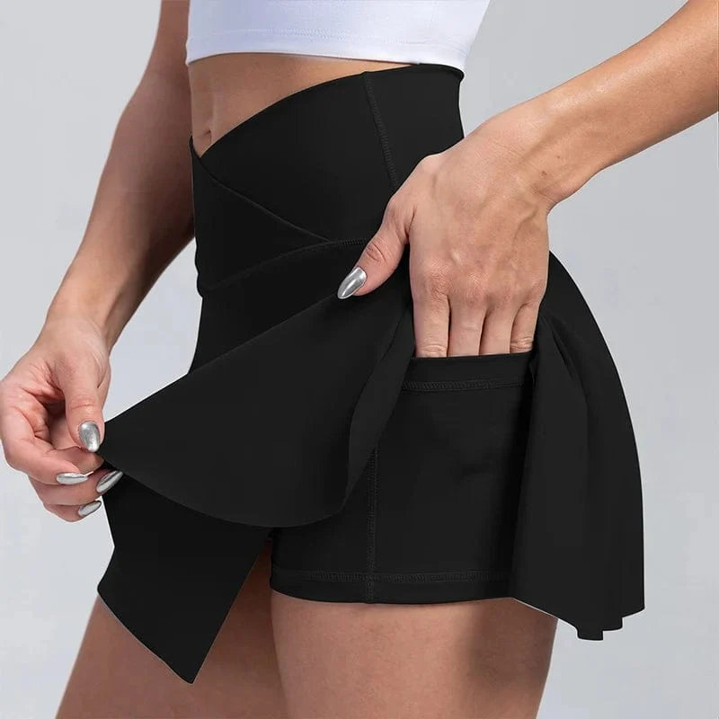 VITALINOVO Damen-Tennisröcke mit hoher Taille und Crossover-Design, Bauchkontrolle, Plissierte Golf-Skorts, Röcke für Damen mit Shorts-Taschen