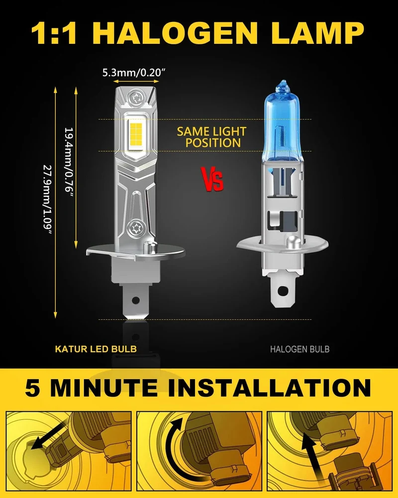 2 Stück Canbus Fehlerfreie H1 LED-Birnen Superhelles Fernlicht H1 Auto-LED-Kopfnebelscheinwerfer Lüfterlos 6500K Weiß 12V Mini-Größe