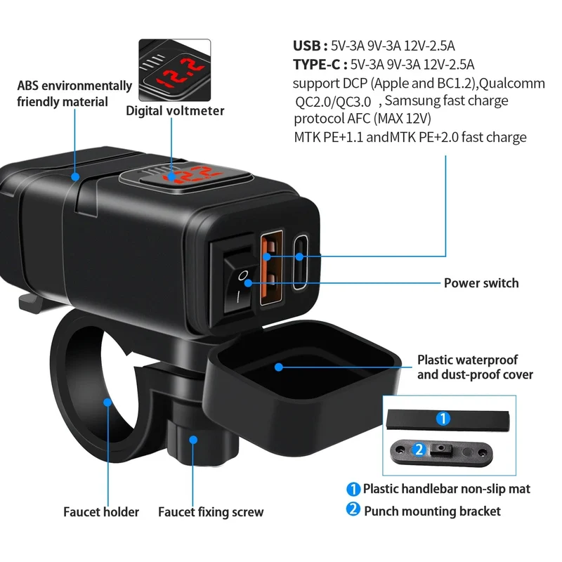 Motorrad USB Schnelle handy Ladegerät Wasserdicht 12v Port Buchse Stecker Mit Zelle Mobile Voltmeter Digital Für Bike Moto