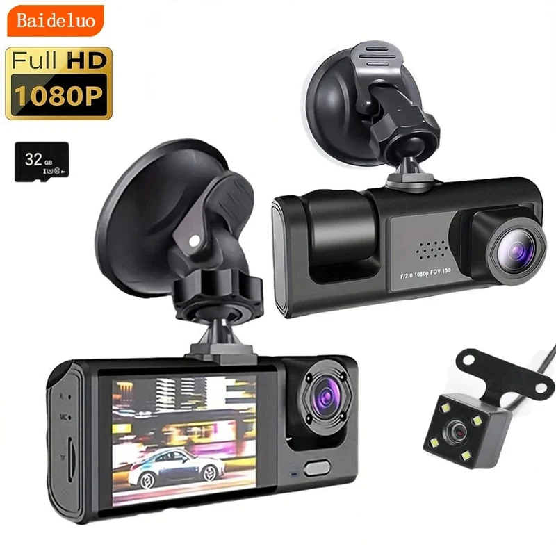 Dashcam mit IR-Nachtsicht-Loop-Aufnahme und 2-Zoll-IPS-Bildschirm 1080P 3 Kamera, DVR-Recorder, Videorecorder, Fahrzeug-DVR