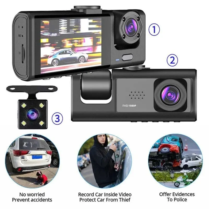 Dashcam mit IR-Nachtsicht-Loop-Aufnahme und 2-Zoll-IPS-Bildschirm 1080P 3 Kamera, DVR-Recorder, Videorecorder, Fahrzeug-DVR