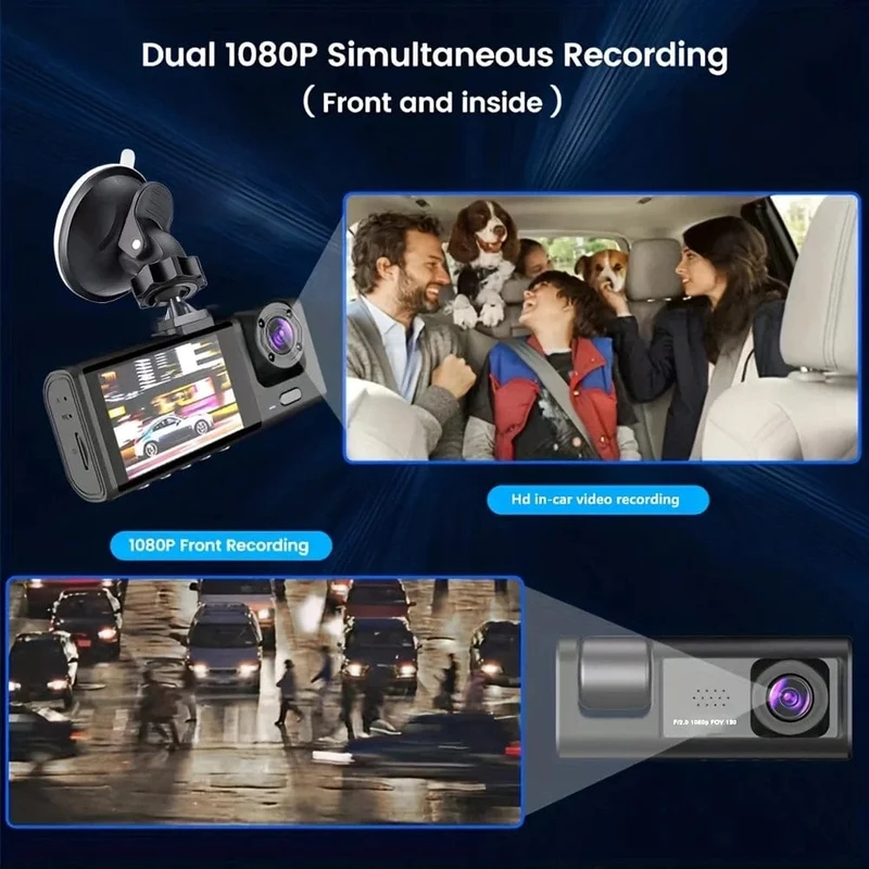 Dashcam mit IR-Nachtsicht-Loop-Aufnahme und 2-Zoll-IPS-Bildschirm 1080P 3 Kamera, DVR-Recorder, Videorecorder, Fahrzeug-DVR
