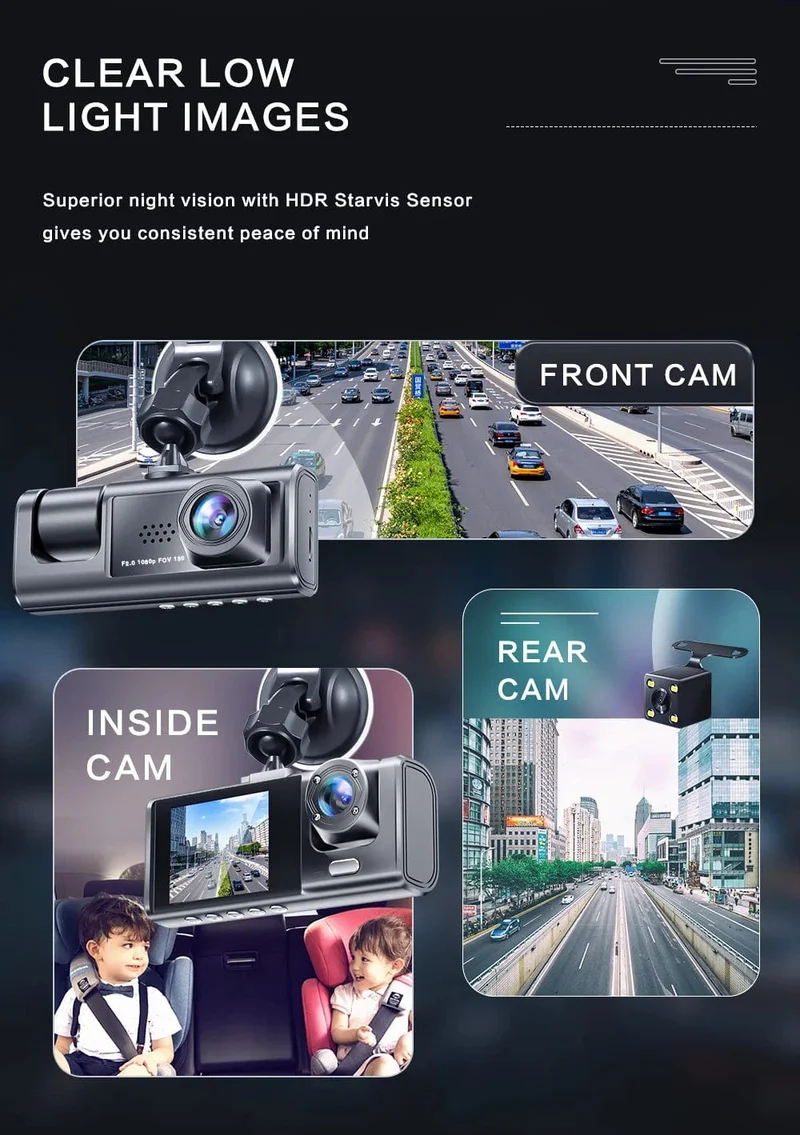 Dashcam mit IR-Nachtsicht-Loop-Aufnahme und 2-Zoll-IPS-Bildschirm 1080P 3 Kamera, DVR-Recorder, Videorecorder, Fahrzeug-DVR