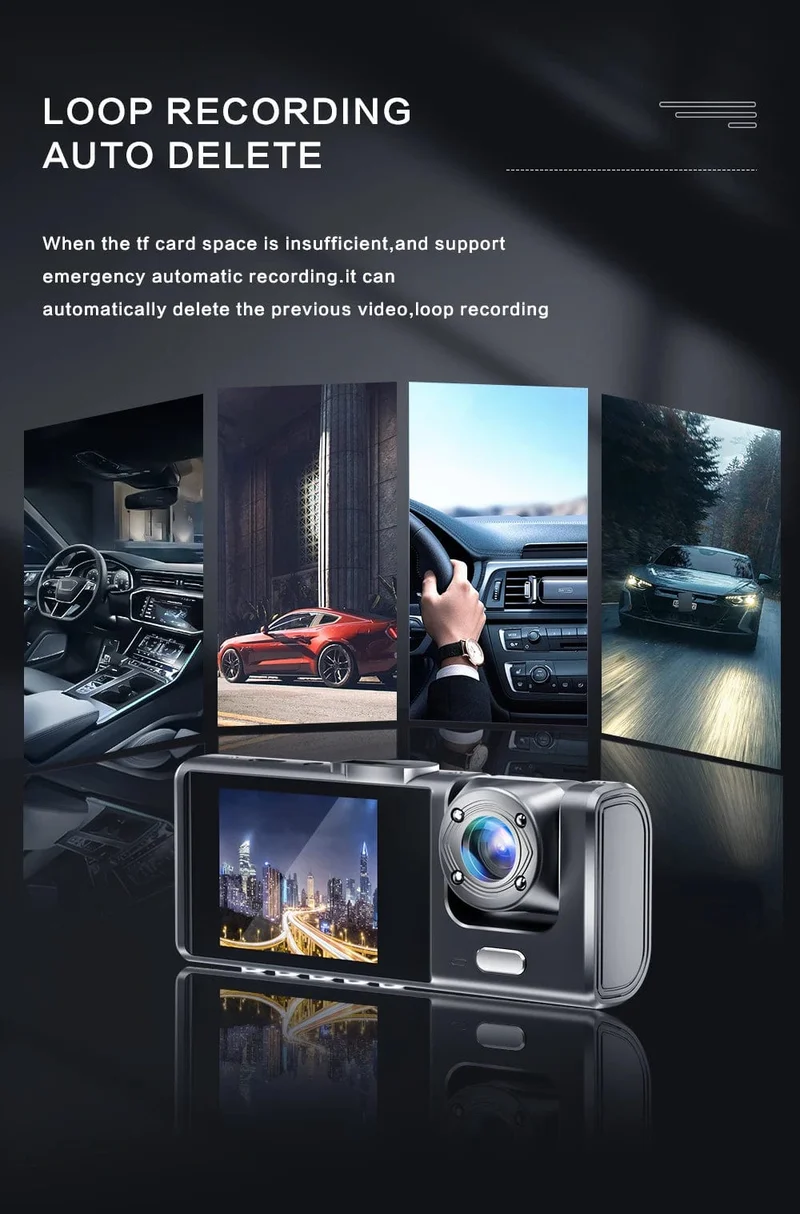Dashcam mit IR-Nachtsicht-Loop-Aufnahme und 2-Zoll-IPS-Bildschirm 1080P 3 Kamera, DVR-Recorder, Videorecorder, Fahrzeug-DVR