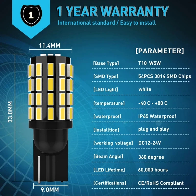 2x Hochleistungs-W5W T10 194 168 LED Canbus extrem helle 54 SMD 3014 Chip-Glühbirnen für Einparkhilfe, Rückfahrkamera, breite Lichter 2821 2825