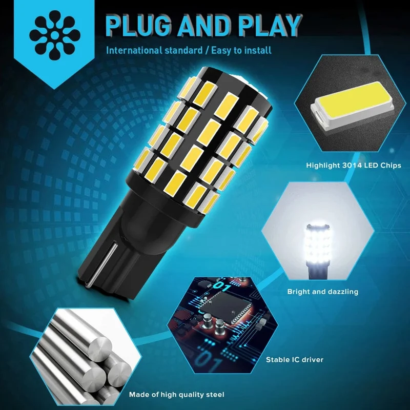 2x Hochleistungs-W5W T10 194 168 LED Canbus extrem helle 54 SMD 3014 Chip-Glühbirnen für Einparkhilfe, Rückfahrkamera, breite Lichter 2821 2825