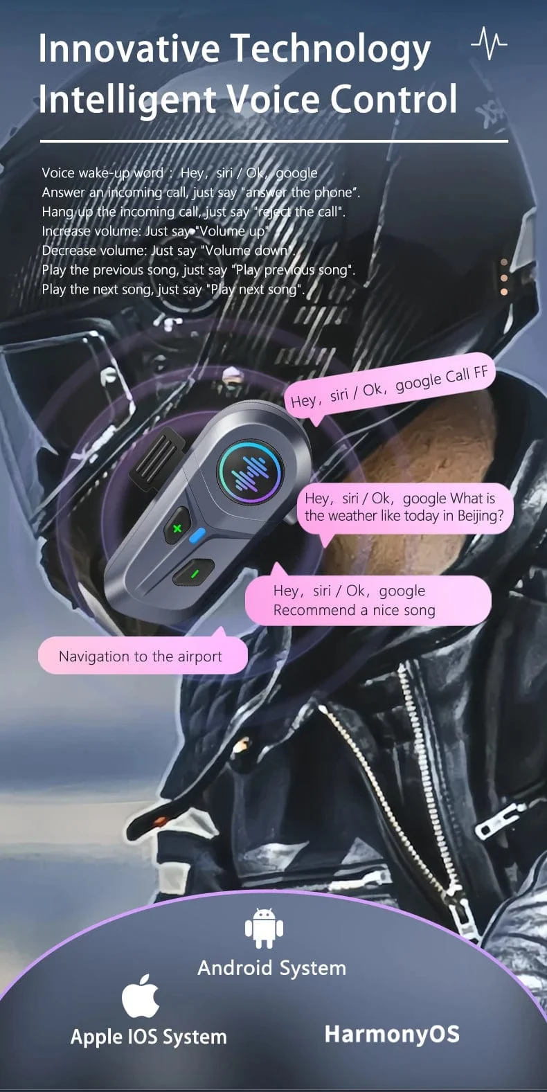 Intelligente Sprachsteuerung BT 5.4 Motorradhelm-Headset Kabelloses Wecken durch Sprachsteuerung Anruf Telefon Kopfhörer Musik-Player