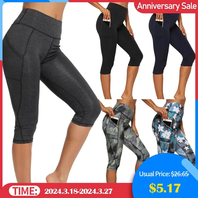 Damen-Sporthose, 3/4-Gym, Sport, Damenstrumpfhose, lässige, verkürzte Damen-Leggings für Fitness, Damen-Yogahose mit Seitentaschen