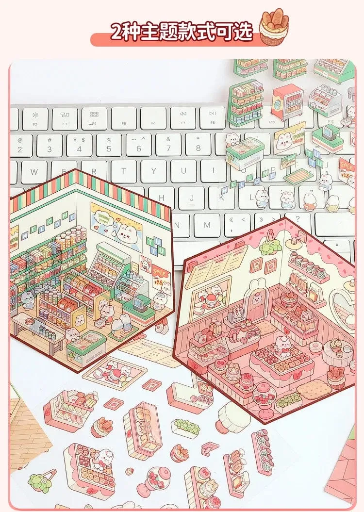 Cartoon-Miniatur-Szenenaufkleber, kein Schneiden von Landschaftsaufklebern, 3D-stereoskopische Hütte, Handzelt, Kinderaufkleber, ruhiges Buch