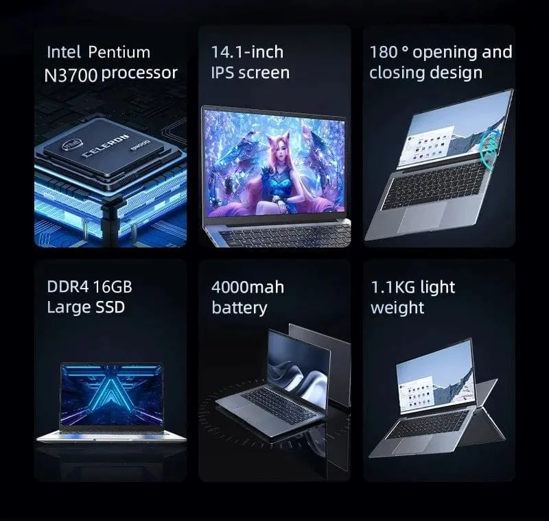 2024 Neuer Laptop-Computer Windows 11 Pro Ultra Slim Notebook 14.1 Zoll Intel Pentium N3700 16GB 1024GB Büro-Studien-PC-Computer