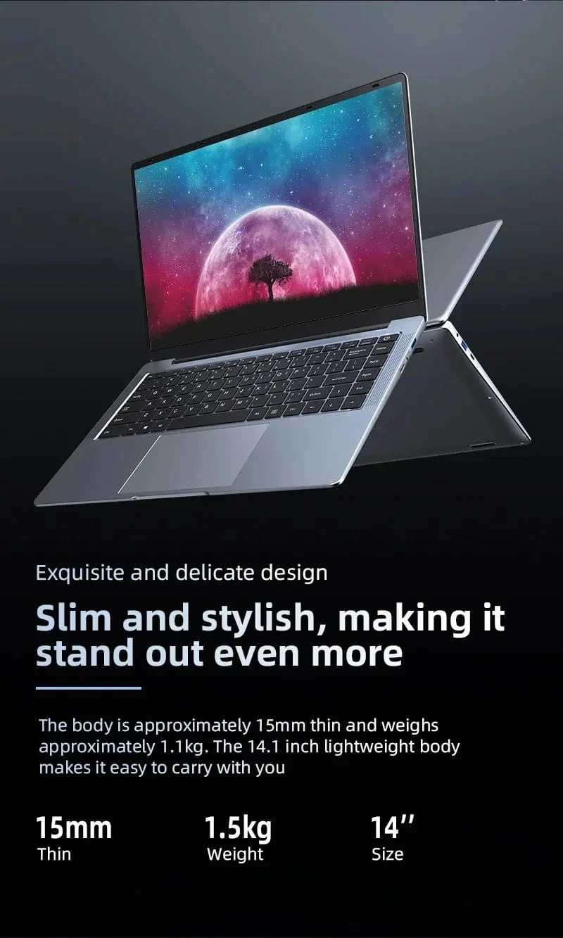 2024 Neuer Laptop-Computer Windows 11 Pro Ultra Slim Notebook 14.1 Zoll Intel Pentium N3700 16GB 1024GB Büro-Studien-PC-Computer