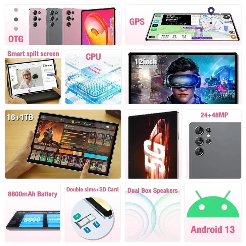 Original Neue Tablet Ultra Pad 2024 16G + 1TB Android 13 Tablet PC 12 Zoll Snapdragon 8 gen2 WIFI 5G tabletten Lernen unterhaltung