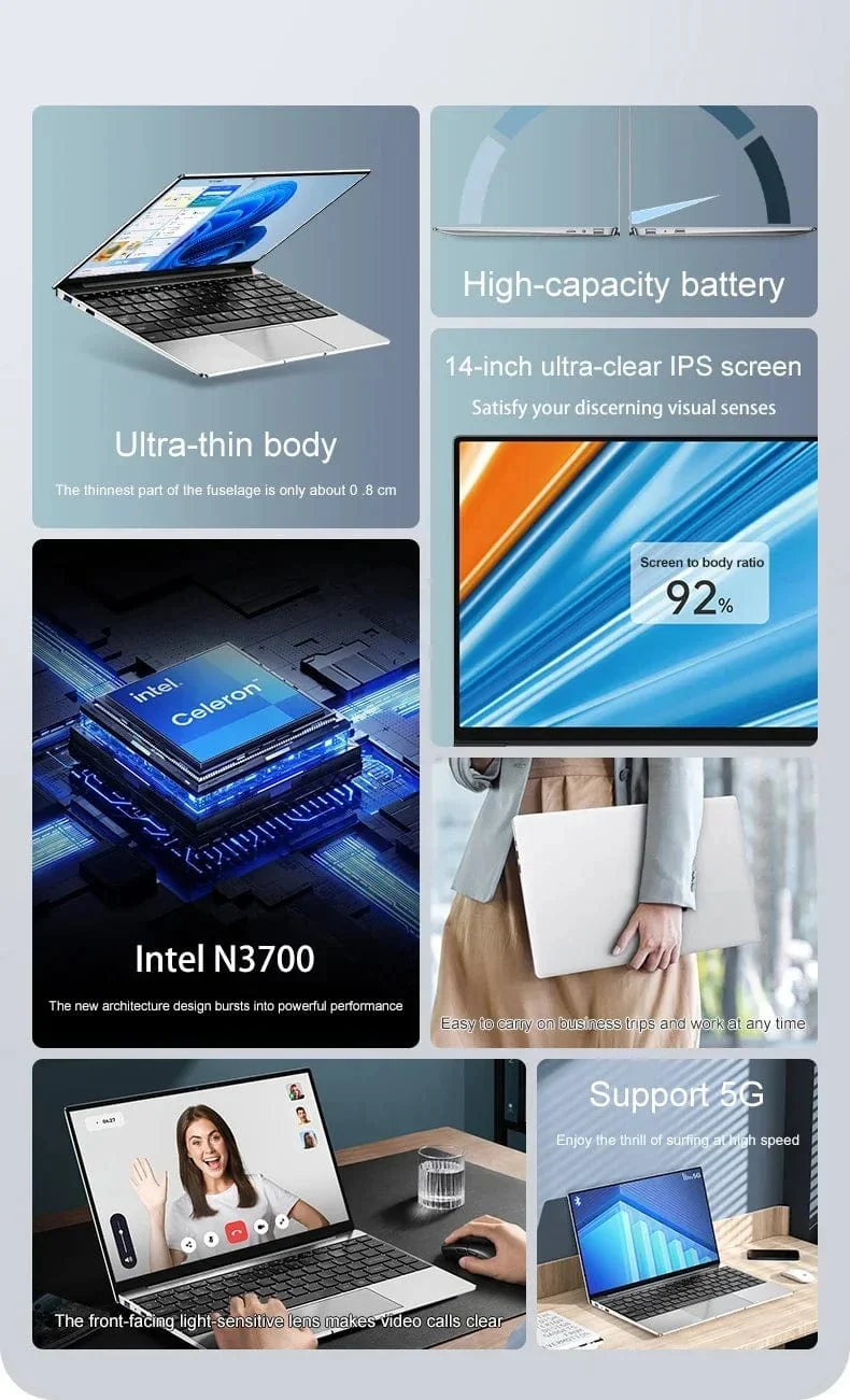 Laptop Intel Pentium N3700 16GB RAM 1024GB SSD Notebook 1920*1080 Auflösung Windows 11 Entsperren Computer Büro Studie gamer PC