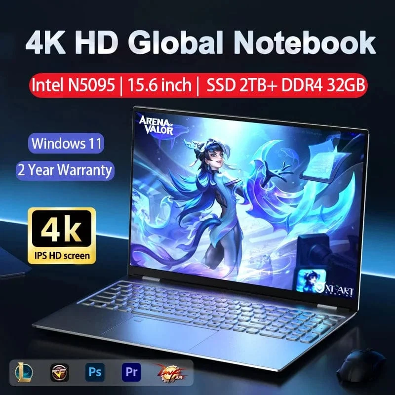 15.6 Zoll Laptop 32GB Ram 2TB SSD Windows 11 Notebook PC Gamer N5095 Bürocomputer mit hintergrundbeleuchteter Fingerabdruck-WLAN-Kamera