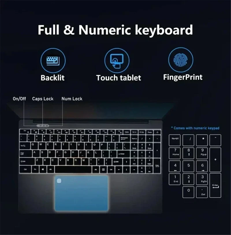 Tragbarer Laptop 15.6 Zoll 32 GB RAM DDR4 2 TB SSD Windows 11 Notebook PC Gamer Intel N5095 Bürocomputer mit Fingerabdrucksensor mit Hintergrundbeleuchtung