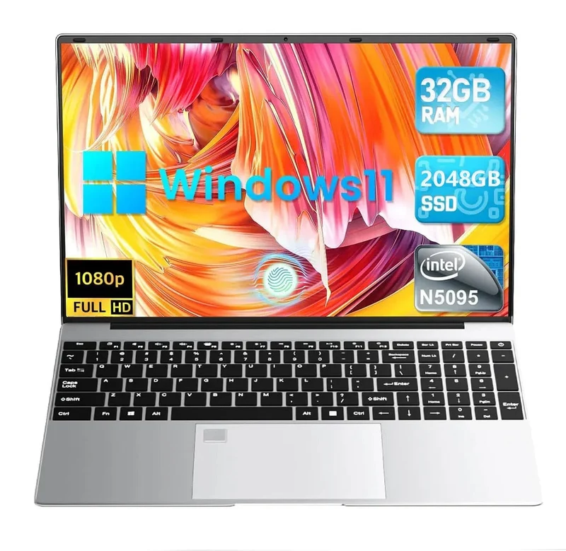 Tragbarer 15.6-Zoll-Laptop 32 GB RAM DDR4 2 TB SSD Windows 11 Notebook-PC Gamer Intel N5095 Bürocomputer mit Fingerabdrucksensor mit Hintergrundbeleuchtung