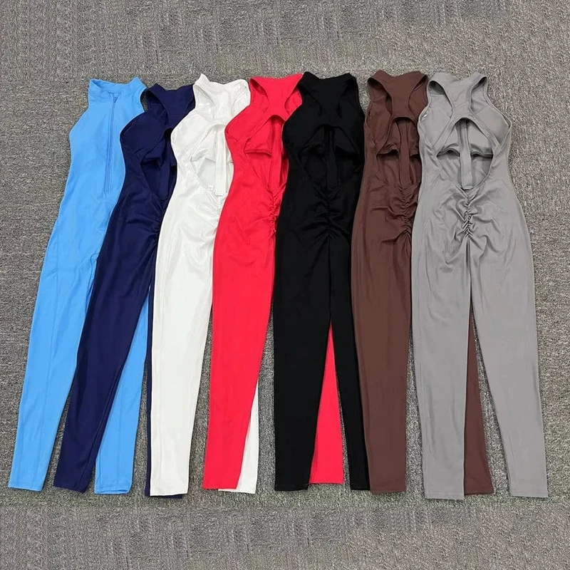 2024 Zipper Frauen Trainingsanzug Pad Yoga Set Ein Stück Overall Workout Scrunch Legging Strampler Sport Gym Active Anzug Übung Tragen