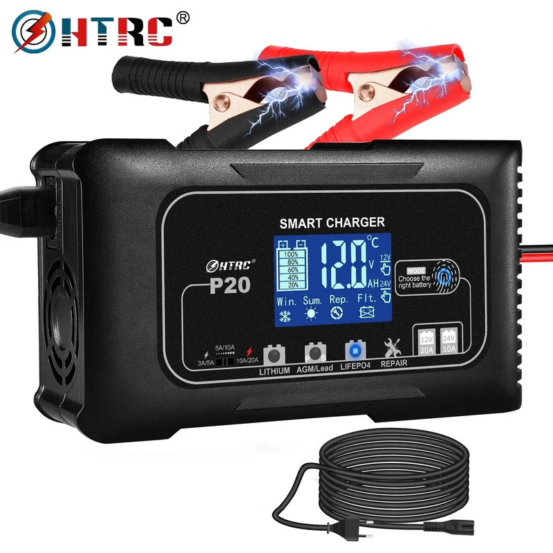 HTRC 20A 12V-24V Smart Batterie Ladegerät für Motorrad Auto Batterie Reparatur Auto Moto Blei Säure AGM GEL PB Lithium-LiFePo4 Batteri