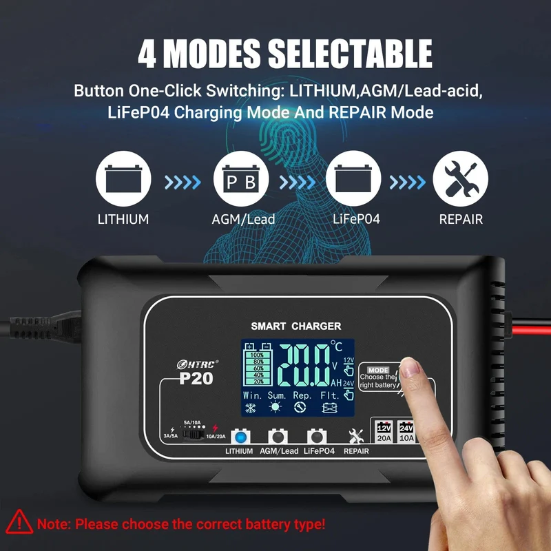 HTRC 20A 12V-24V Smart Batterie Ladegerät für Motorrad Auto Batterie Reparatur Auto Moto Blei Säure AGM GEL PB Lithium-LiFePo4 Batteri