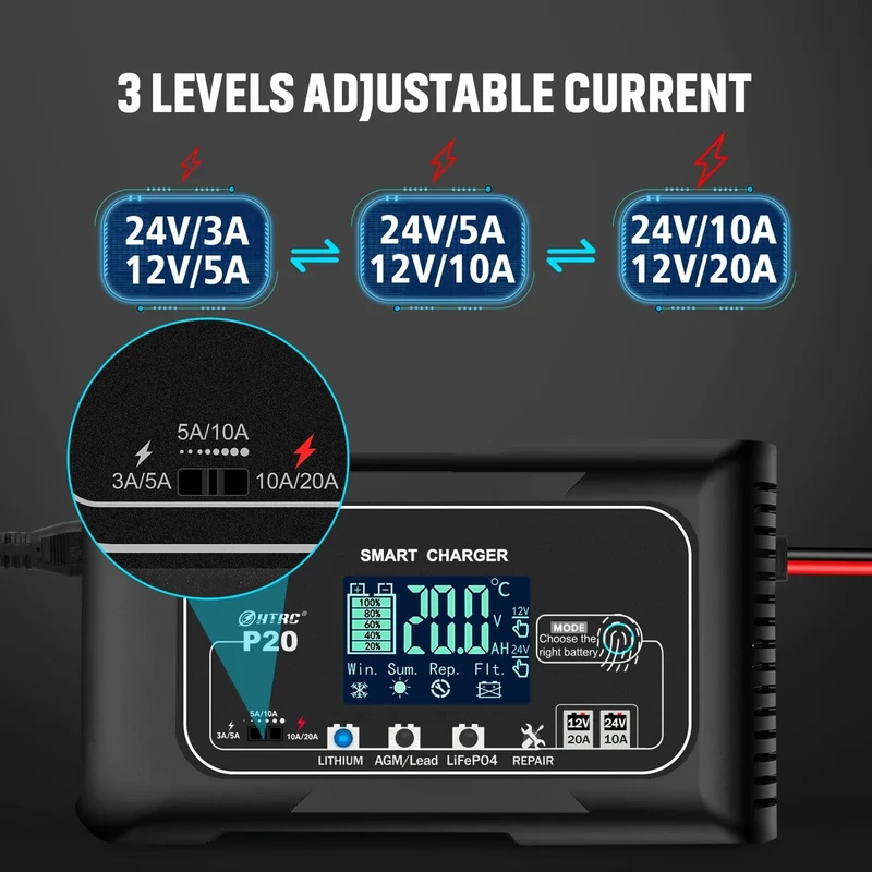 HTRC 20A 12V-24V Smart Batterie Ladegerät für Motorrad Auto Batterie Reparatur Auto Moto Blei Säure AGM GEL PB Lithium-LiFePo4 Batteri