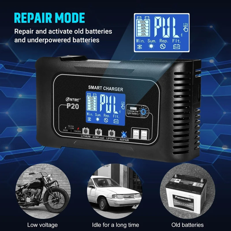 HTRC 20A 12V-24V Smart Batterie Ladegerät für Motorrad Auto Batterie Reparatur Auto Moto Blei Säure AGM GEL PB Lithium-LiFePo4 Batteri