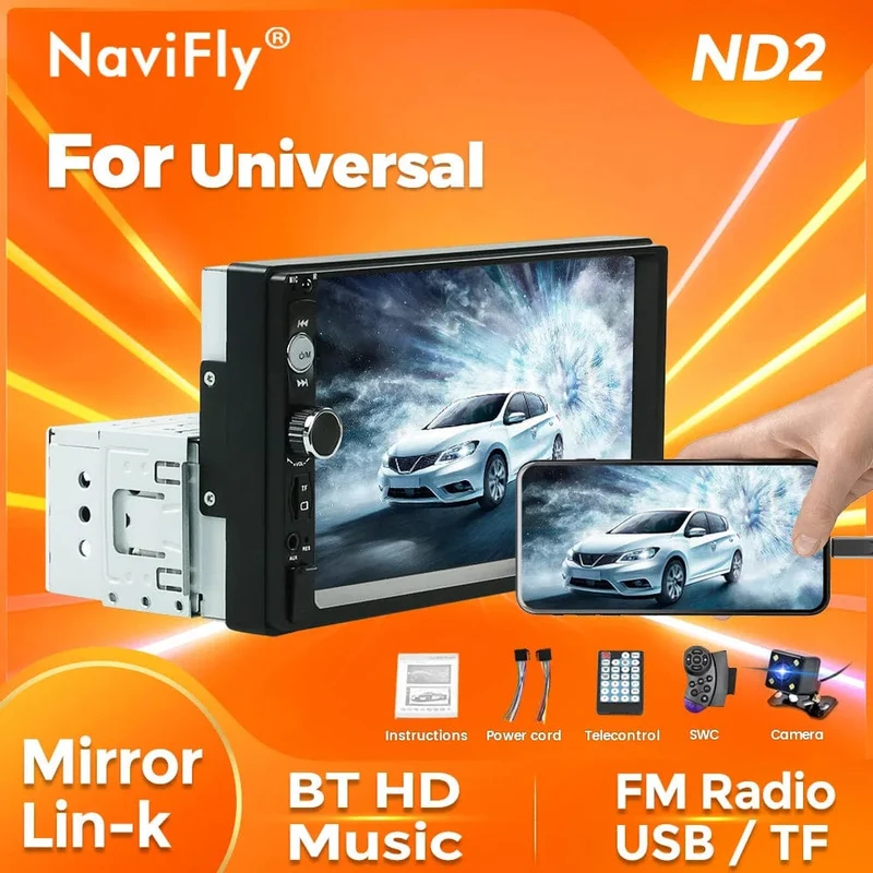 Navifly ND2 Universal 1Din Autoradio Stereo 7 Zoll HD Touchscreen Multimedia Player BT Autoaudio FM Empfänger Spiegel Link Monitor