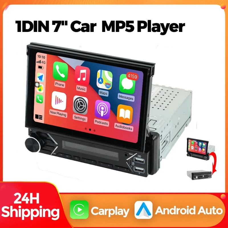 Universelles 7-Zoll-1-Din-Autoradio mit versenkbarem Bildschirm, Android Auto Carplay, Multimedia-Videoplayer, intelligentes Fahrzeugsystem, BT, FM, USB
